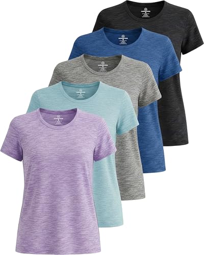 Real Essentials 5er-Pack: Kurzärmeliges Damen-T-Shirt, Workout-Top, Fitness, Pilates, Fitnessstudio, Sportbekleidung (Plus erhältlich), Set 1, Mittel von Real Essentials