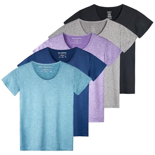 5er Pack Damen Kurzarm Rundhals T-Shirt Dry-Fit Athletic Performance Yoga Activewear Workout Top (Regular & Plus Size), Set 1, XX-Large von Real Essentials