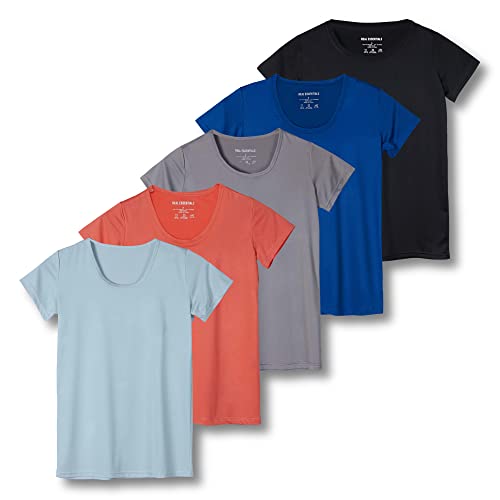 5er Pack Damen Kurzarm Rundhals T-Shirt Dry-Fit Athletic Performance Yoga Activewear Workout Top (Regular & Plus Size), Set 10, X-Groß von Real Essentials