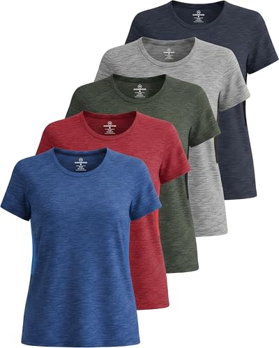 Real Essentials 5er-Pack: Kurzärmeliges Damen-T-Shirt, Workout-Top, Fitness, Pilates, Fitnessstudio, Sportbekleidung (Plus erhältlich), Set 3, Mittel von Real Essentials