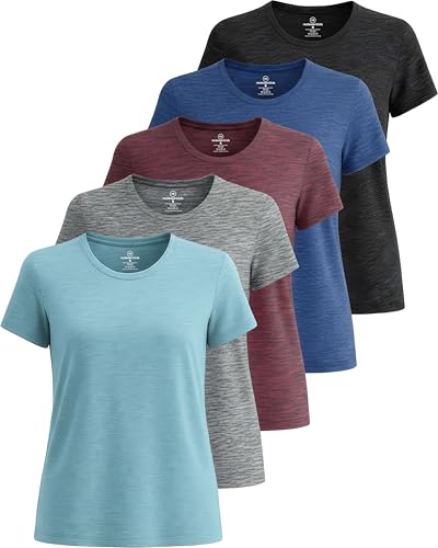 Real Essentials 5er-Pack: Kurzärmeliges Damen-T-Shirt, Workout-Top, Fitness, Pilates, Fitnessstudio, Sportbekleidung (Plus erhältlich), Set 8, Groß von Real Essentials