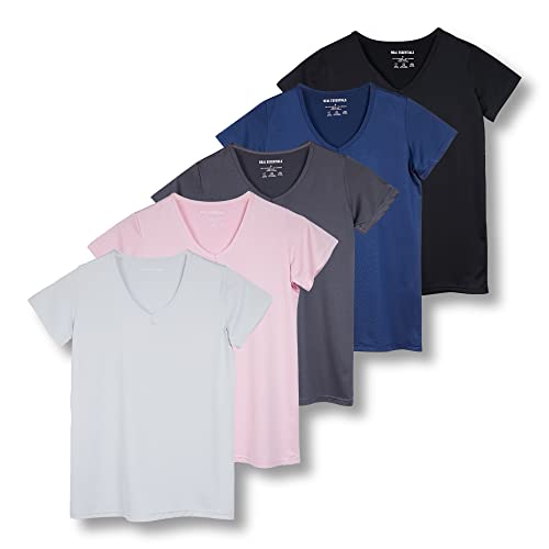 5er-Pack Damen Kurzarm V-Ausschnitt Activewear T-Shirt Dry-Fit Feuchtigkeitstransport Perfomance Yoga Top (erhältlich in Übergröße), 6 Stück, Large von Real Essentials