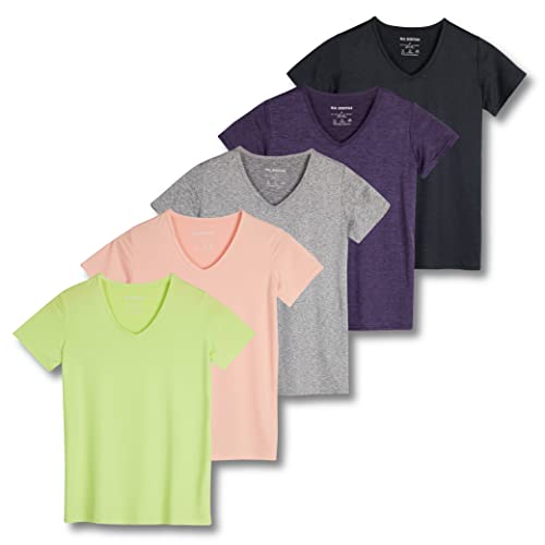 5er-Pack Damen Kurzarm V-Ausschnitt Activewear T-Shirt Dry-Fit Feuchtigkeitstransport Perfomance Yoga Top (erhältlich in Übergröße), Set 11, 3X von Real Essentials