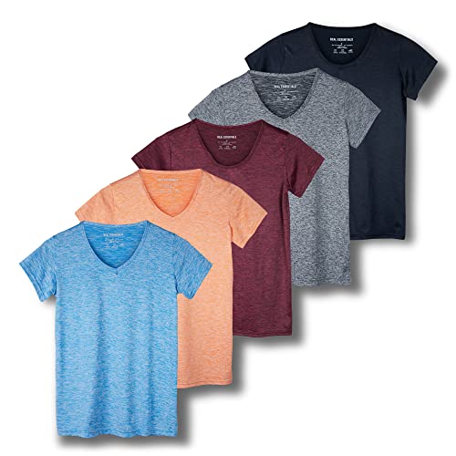 Real Essentials 5er-Pack: Damen Kurzarm V-Ausschnitt Activewear T-Shirt Dry-Fit Wicking Yoga Top (erhältlich in Plus), Set 2 von Real Essentials