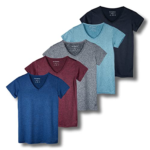 5er-Pack: Damen Kurzarm V-Ausschnitt Activewear T-Shirt Dry-Fit Feuchtigkeitstransport Yoga Top (erhältlich in Plus), Set 8, Groß von Real Essentials