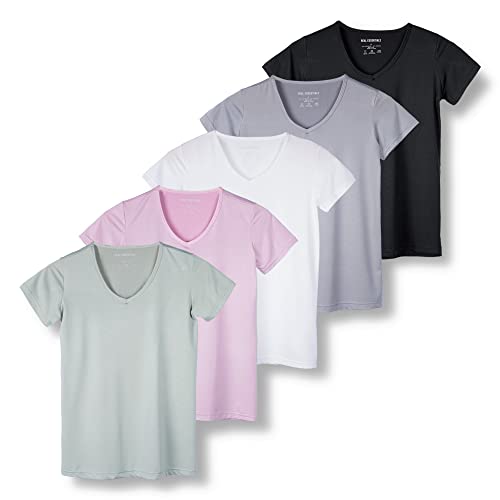 5er-Pack Damen Kurzarm V-Ausschnitt Activewear T-Shirt Dry-Fit Feuchtigkeitstransport Perfomance Yoga Top (erhältlich in Übergröße), Set 9, Klein von Real Essentials