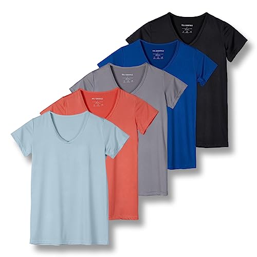 5er-Pack Damen-T-Shirt, kurzärmelig, V-Ausschnitt, Activewear-T-Shirt, Dry-Fit, feuchtigkeitsableitend, Perfomance, Yoga-Top (in Übergröße erhältlich), Set 10, XXL von Real Essentials