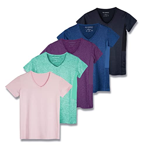 5er-Pack: Damen Kurzarm V-Ausschnitt Activewear T-Shirt Dry-Fit Feuchtigkeitstransport Yoga Top (erhältlich in Plus), Set 15, 2X von Real Essentials