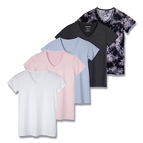 5er-Pack: Damen Kurzarm V-Ausschnitt Activewear T-Shirt Dry-Fit Feuchtigkeitstransport Yoga Top (erhältlich in Plus), Set 16, Groß von Real Essentials