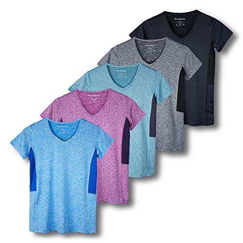 Real Essentials 5er-Pack: Damen Kurzarm V-Ausschnitt Activewear T-Shirt Dry-Fit Wicking Yoga Top (erhältlich in Plus), Set 4, Groß von Real Essentials