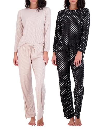 Real Essentials 2er-Pack: Damen Pyjama-Set, superweich, kurzärmelig, mit Hose (in Übergröße erhältlich), Langarm Set C, L von Real Essentials