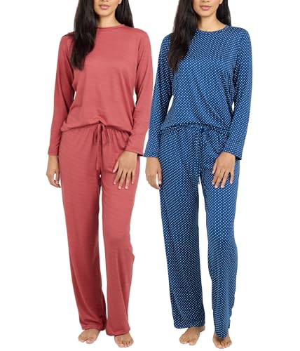Real Essentials 2er-Pack: Damen-Pyjama-Set – wählen Sie aus kurzen Ärmeln mit Tasche oder langen Ärmeln ohne Tasche, Set B Blau & Burgunderrot, L von Real Essentials