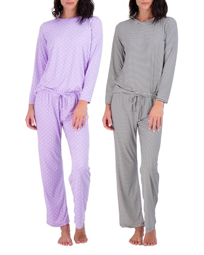 Real Essentials 2er-Pack: Damen-Pyjama-Set – wählen Sie aus kurzen Ärmeln mit Tasche oder langen Ärmeln ohne Tasche, Set E, Violett und Schwarz, M von Real Essentials