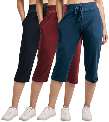 Real Essentials 3er-Pack: Damen Capri Bequeme Sweathose mit weitem Bein und verstellbarem Kordelzug (erhältlich in Übergröße), Set 1, S von Real Essentials