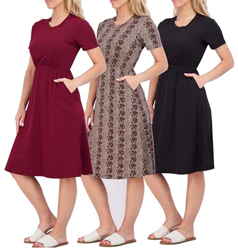 Real Essentials 3er-Pack: Damen Midi Kurzarm Weiches T-Shirt-Kleid mit elastischem Bund (erhältlich in Übergröße), Set 4, X-Groß von Real Essentials