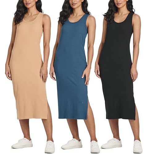 Real Essentials 3er-Pack: Damen geripptes Strickkleid, ärmellos, Rundhalsausschnitt, Tanktop, lässig, Midikleid mit Schlitz, Set 7, S von Real Essentials