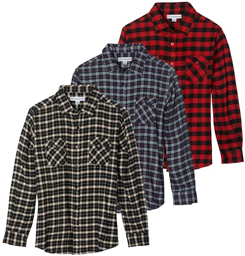 Real Essentials 3er Pack: Herren Langarm Flanell Button Down Plaid Freizeithemd (erhältlich in Big & Tall), Set 3, 3X Hoch von Real Essentials