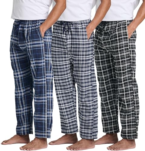 Real Essentials 3er-Pack: Herren-Pyjamahose – gestrickte Baumwoll-Flanell-karierte Loungehose – Hosenschlitz mit Knöpfen (erhältlich in Big & Tall), Flanell Set 6, XX-Large von Real Essentials