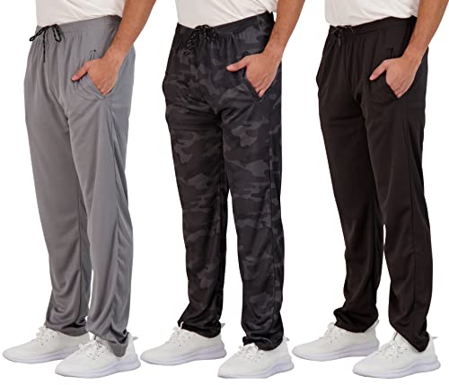 Real Essentials 3er-Pack: Herren Tech Mesh Athletic Gym Workout Lounge Open Bottom Sweatpants Jogginghose Stoffhose Trainingshose mit Taschen, Set 2, 3X Hoch von Real Essentials