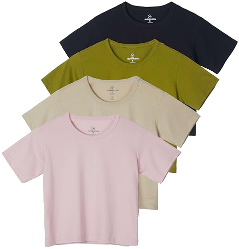 Real Essentials 4 Pack: Damen Baumwolle Kurzarm Crop Top - Cropped Casual Rundhals T-Shirts (Erhältlich in Übergröße), Set 4, 2X von Real Essentials