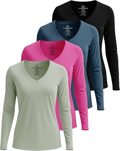 Real Essentials 4er-Pack: Damen Dry-Fit Langarm-Shirt mit V-Ausschnitt (erhältlich in Übergröße), Set 2, Mittel von Real Essentials