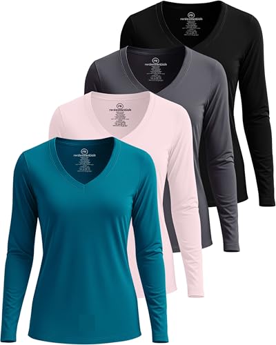 Real Essentials 4er-Pack: Damen-Langarmshirt, trockene Passform, V-Ausschnitt, athletisches T-Shirt, Workout-Top, Active-Gym Shirt (Plus), 6 Stück, Mittel von Real Essentials