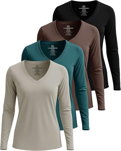 Real Essentials 4er-Pack: Damen-Langarmshirt, trockene Passform, V-Ausschnitt, athletisches T-Shirt, Workout-Top, Active-Gym Shirt (Plus), Set 10, XX-Large von Real Essentials