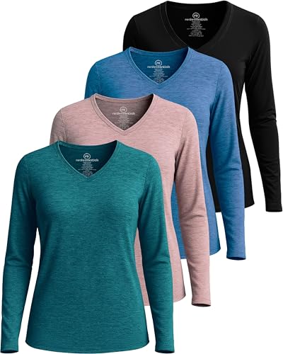 Real Essentials 4er-Pack: Damen-Langarmshirt, trockene Passform, V-Ausschnitt, athletisches T-Shirt, Workout-Top, Active-Gym Shirt (Plus), Set 8, Mittel von Real Essentials