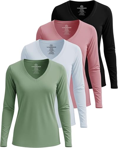 Real Essentials 4er-Pack: Damen-Langarmshirt, trockene Passform, V-Ausschnitt, athletisches T-Shirt, Workout-Top, Active-Gym Shirt (Plus), Set 4, Groß von Real Essentials