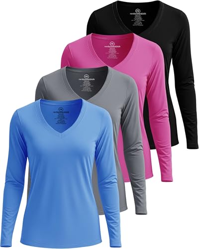 Real Essentials 4er-Pack: Damen-Langarmshirt, trockene Passform, V-Ausschnitt, athletisches T-Shirt, Workout-Top, Active-Gym Shirt (Plus), Set 9, X-Groß von Real Essentials