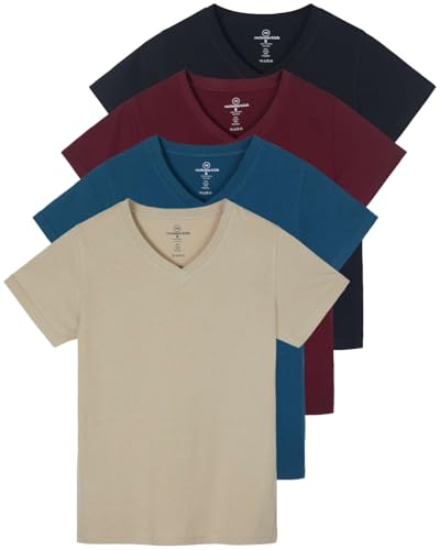 Real Essentials 4er-Pack: Kurzärmeliges Damen-T-Shirt aus Baumwolle mit V-Ausschnitt in klassischer Passform (in Übergröße erhältlich), Set 13, XX-Large von Real Essentials