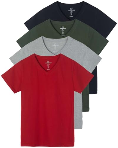 Real Essentials 4er-Pack: Kurzärmeliges Damen-T-Shirt aus Baumwolle mit V-Ausschnitt in klassischer Passform (in Übergröße erhältlich), Set 3, Groß von Real Essentials