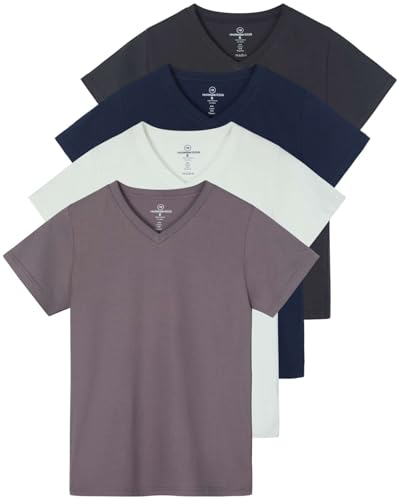 Real Essentials 4er-Pack: Kurzärmeliges Damen-T-Shirt aus Baumwolle mit V-Ausschnitt in klassischer Passform (in Übergröße erhältlich), Set 8, Mittel von Real Essentials