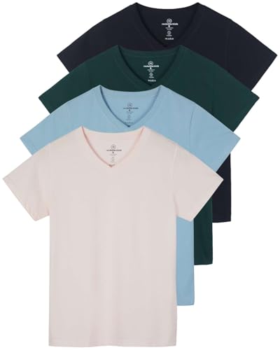 Real Essentials 4er-Pack: Kurzärmeliges Damen-T-Shirt aus Baumwolle mit V-Ausschnitt in klassischer Passform (in Übergröße erhältlich), Set 9, Groß von Real Essentials