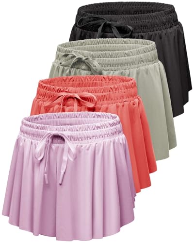 Real Essentials 4er-Pack: Mädchen 2-in-1 fließende Shorts mit Spandex-Futter, Jugend-Röcke mit Schmetterlingen, athletischer Tanz, Alter 4–18 Jahre, Set 1, Mittel von Real Essentials