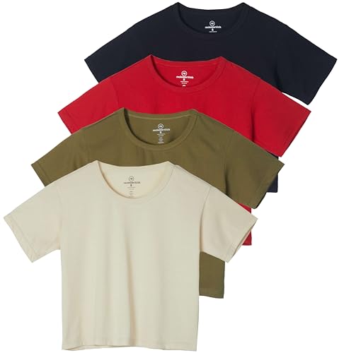 Real Essentials 4er Pack:Damen Baumwolle Kurzarm Crop Top - Cropped Casual Rundhals T-Shirts (erhältlich in Übergröße), 6 Stück, Mittel von Real Essentials
