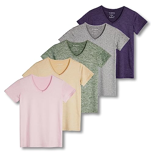 Real Essentials 5 Pack: Damen Kurzarm V-Ausschnitt Activewear T-Shirt Dry-Fit Wicking Yoga Top (erhältlich in Plus), Set 14, 3X von Real Essentials