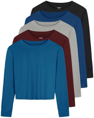 Real Essentials 5er-Pack: Damen Dry Fit Crop Top – Langärmeliges Stretch-T-Shirt mit Rundhalsausschnitt (in Übergröße erhältlich), Set 9, Mittel von Real Essentials