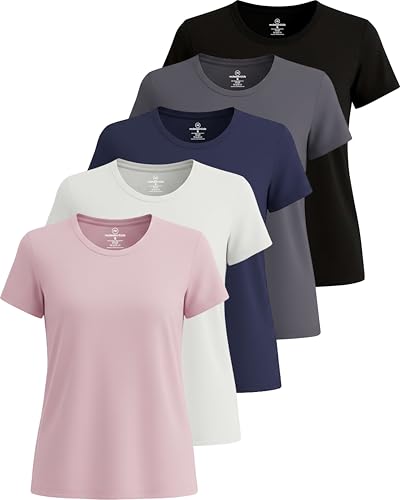 Real Essentials 5er-Pack: Damen Dry Fit Tech Stretch Kurzarm Rundhals Athletic T-Shirt, 6 Stück, Small von Real Essentials