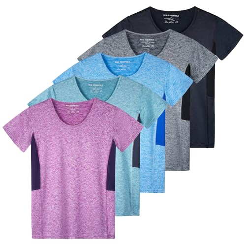 Real Essentials 5er-Pack: Damen Dry Fit Tech Stretch Kurzarm Rundhals Athletic T-Shirt, Set 4, M von Real Essentials