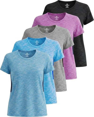 Real Essentials 5er-Pack: Damen Dry Fit Tech Stretch Kurzarm Rundhals Athletic T-Shirt, Set 4, Small von Real Essentials