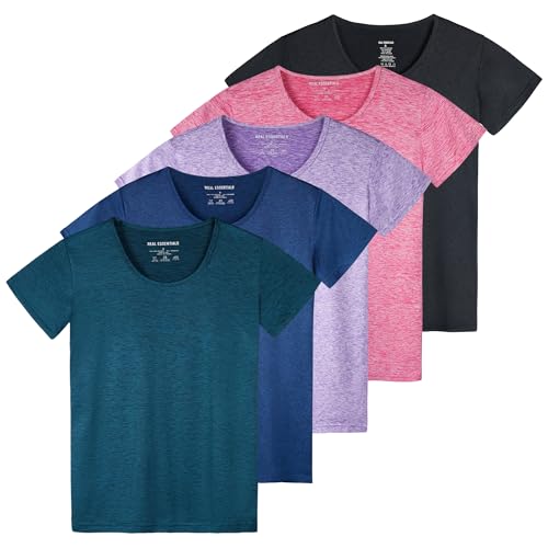 Real Essentials 5er-Pack: Damen Dry Fit Tech Stretch Kurzarm Rundhals Athletic T-Shirt, Set 7, XXL von Real Essentials