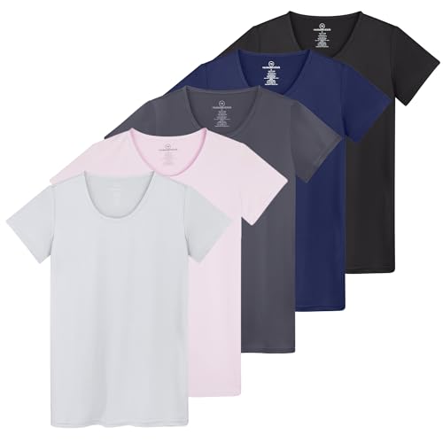 Real Essentials 5er-Pack: Kurzärmeliges Damen-T-Shirt, Workout-Top, Fitness, Pilates, Fitnessstudio, Sportbekleidung (Plus erhältlich), 6 Stück, X-Groß von Real Essentials
