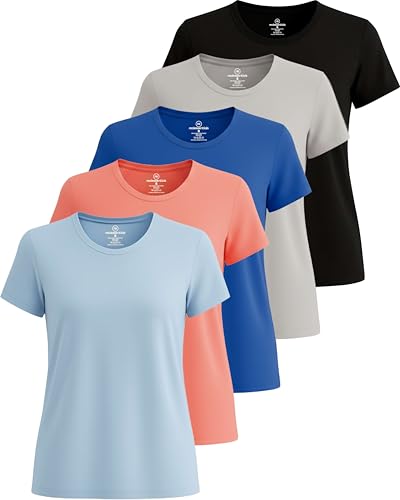 Real Essentials 5er-Pack: Kurzärmeliges Damen-T-Shirt, Workout-Top, Fitness, Pilates, Fitnessstudio, Sportbekleidung (Plus erhältlich), Set 10, Mittel von Real Essentials