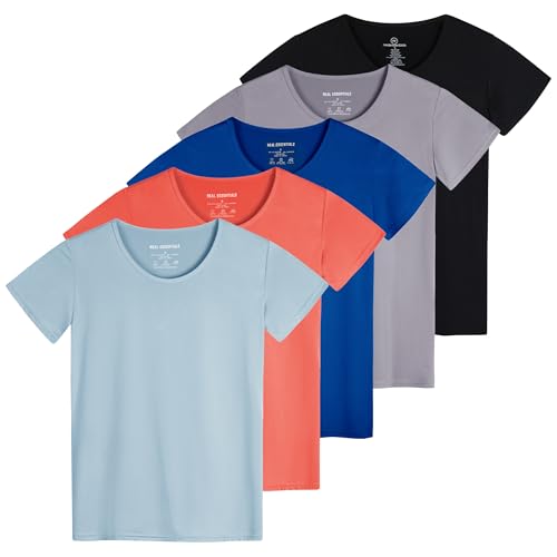 Real Essentials 5er-Pack: Kurzärmeliges Damen-T-Shirt, Workout-Top, Fitness, Pilates, Fitnessstudio, Sportbekleidung (Plus erhältlich), Set 10, Mittel von Real Essentials
