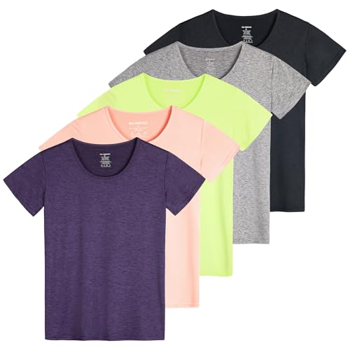 Real Essentials 5er-Pack: Kurzärmeliges Damen-T-Shirt, Workout-Top, Fitness, Pilates, Fitnessstudio, Sportbekleidung (Plus erhältlich), Set 11, 3X von Real Essentials