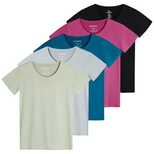 Real Essentials 5er-Pack: Kurzärmeliges Damen-T-Shirt, Workout-Top, Fitness, Pilates, Fitnessstudio, Sportbekleidung (Plus erhältlich), Set 13, XX-Large von Real Essentials
