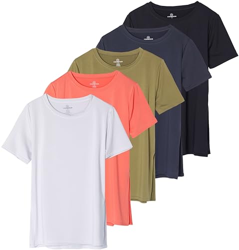 Real Essentials 5er-Pack: Damen Kurzarm Active Workout T-Shirts – Dry Fit Gym Tops mit geteiltem Saum (in Übergrößen), Set 1, XX-Large von Real Essentials