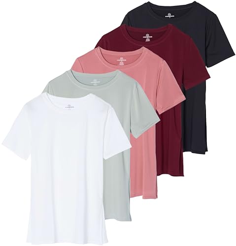 Real Essentials 5er-Pack: Damen Kurzarm Active Workout T-Shirts – Dry Fit Gym Tops mit geteiltem Saum (in Übergrößen), Set 5, 2X von Real Essentials