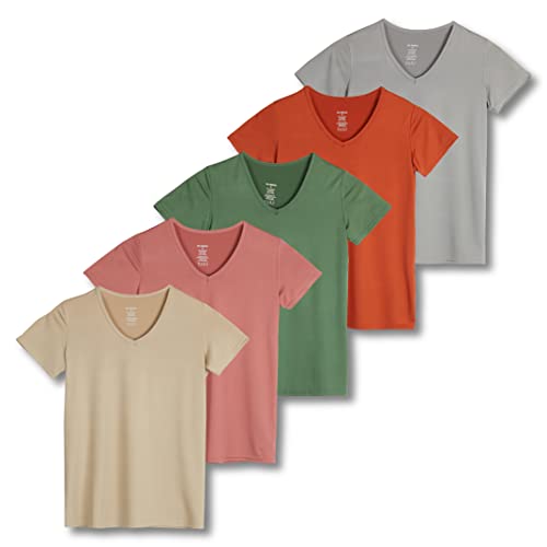 Real Essentials Damen Sport-T-Shirt, kurzärmelig, V-Ausschnitt, Dry-Fit feuchtigkeitsableitendes Yoga-Top (erhältlich in großen Größen), 5er-Pack, 12 Stück, Groß von Real Essentials